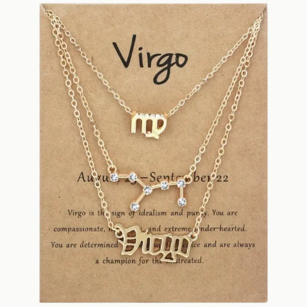 🍏50% OFF/3+...♍ 3-piece zodiac Virgo link chain necklace set (Gold tone)